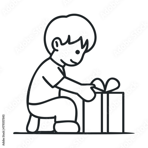 Child opening a gift in a joyful moment of celebration.Vector Black and white line art