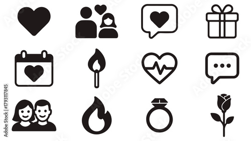 Flat vector icon pack in monochrome — features heart, rose, couple, ring, gift, chat message, and love pin icons, clean minimalist look, Monolove Pack