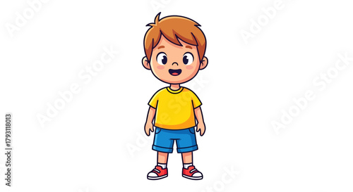 Cartoon illustration of a cheerful young boy standing and smiling innocently with bright clothes