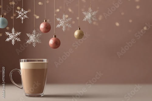 Warm cocoa mocha mousse drink in a clear glass cup, surrounded by hanging festive baubles and snowflakes, creating a cozy holiday atmosphere with rich colors
