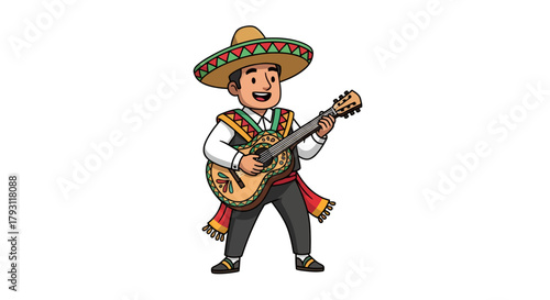 Cartoon illustration of a mariachi playing guitar against a white background