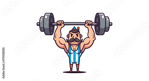 Cartoon illustration of a retro circus strongman lifting weights with great effort