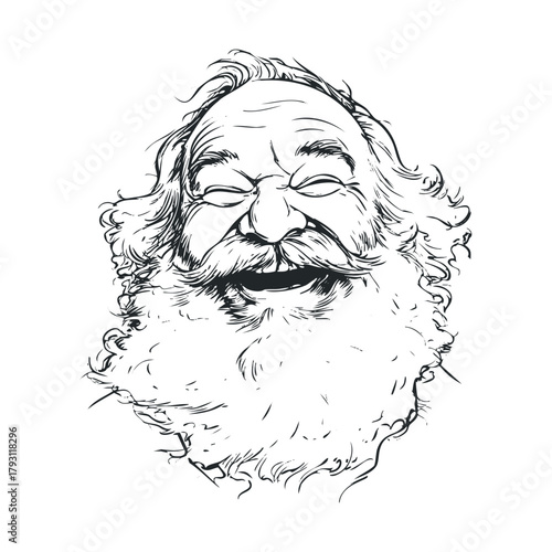 Smiling bearded man with joyful expression for holiday designs.Vector hand draw