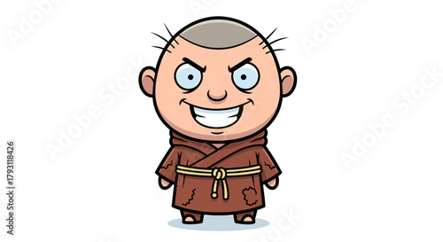 Cartoonish monk character with an exaggerated mischievous grin, ready for animation or graphic