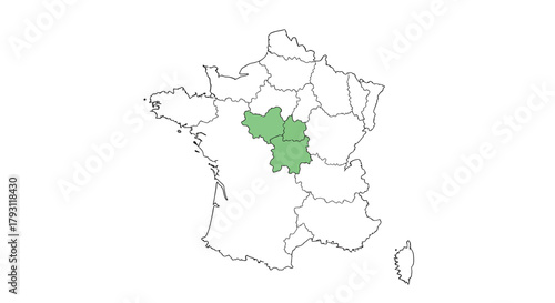 Center-Val de Loire region highlighted on France map for geographic studies visual