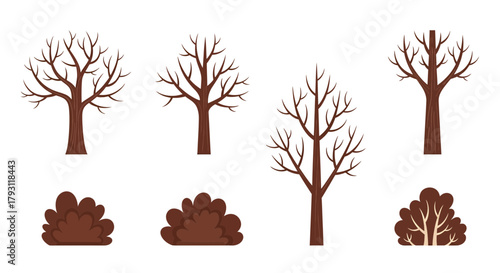 Charming bare trees and shrubbery vector collection illustrating autumnal nature scenes