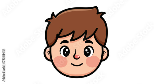 Charming cartoon boy with warm brown hair and a gentle smile, design graphic element