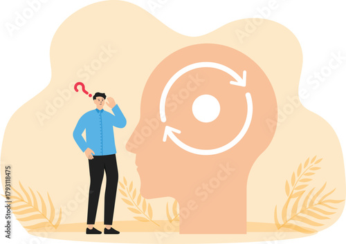 Decision making critical thinking and psychology or psychiatry, neuroscience and business man looking at big thinking head.

