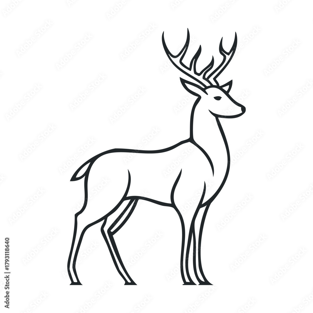 Fototapeta premium Elegant deer silhouette standing tall in natural pose for design.Vector Black and white line art