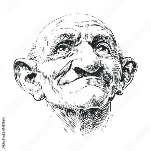 Happy elderly man looking up with a joyful expression.Vector hand draw