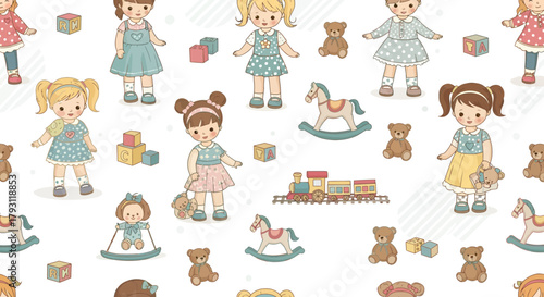 Charming playful pattern of cute cartoon girls surrounded by their toys in soft pastel palette