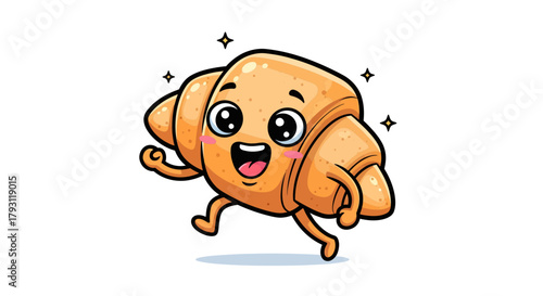 Cheerful croissant character illustration with a delightful expression and playful pose