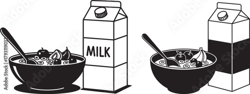 Two bowls of cereal with milk cartons silhouette