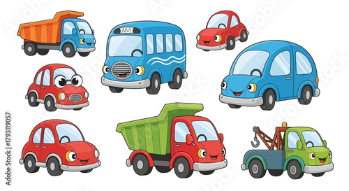 Collection of colorful cartoon vehicles showcasing diverse designs and happy faces transportation