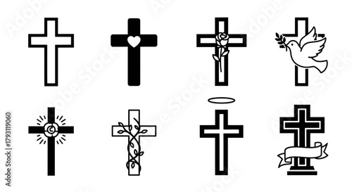 Collection of artistic christian crosses in various designs depicting faith and spirituality