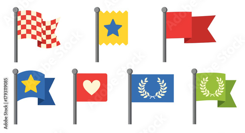 Collection of whimsical flag icons representing diverse concepts and symbols  emblems
