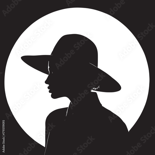 Mysterious Silhouette Portrait with Wide-Brimmed Hat Against Circular White Background, High-Contrast Minimalist Monochrome Composition with Enigmatic Lighting and Graphic Form