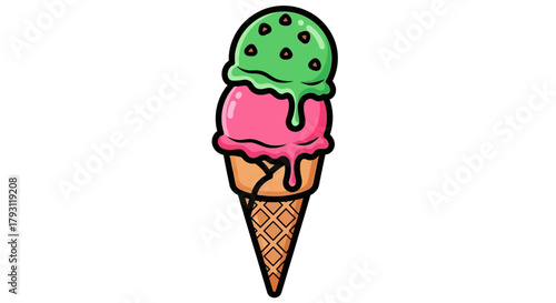 Cartoon illustration of a waffle cone with two scoops of ice cream, one pink and one green.