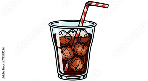 A refreshing drink with ice cubes in a clear plastic cup, featuring a striped straw.