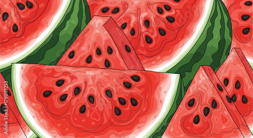 Watermelon slices and whole watermelons are arranged in a repeating pattern.