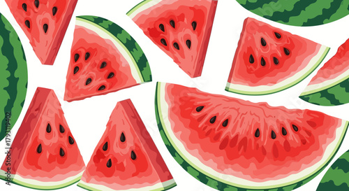 Slices of watermelon with seeds, arranged on a white background, showcasing the fruit's vibrant red flesh and green rind.