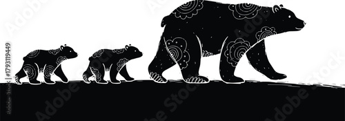 Family of bears walking together in illustrative minimalist design vector