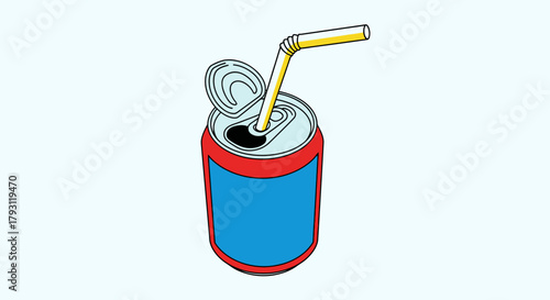 Illustration of an opened can with a yellow straw inserted, against a white background.