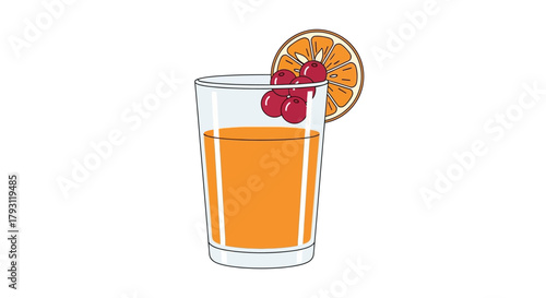 A glass of orange juice is garnished with a slice of orange and several red cherries.