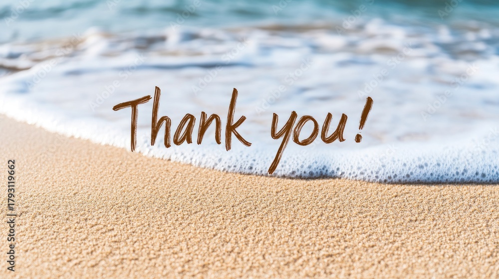 Fototapeta premium Handwritten thank you message on soft sand along an exotic beach with gentle waves and warm sunlight illuminating the scene