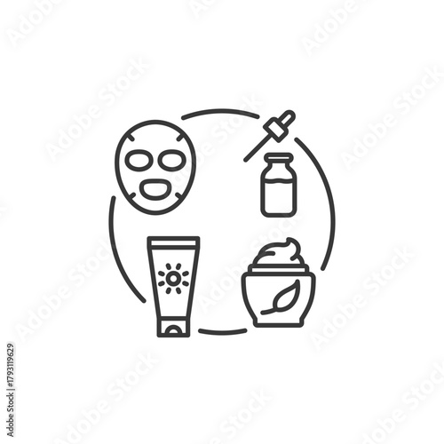 Skincare routine icon for beauty logo design—perfect for product sets, facial care steps, or wellness branding. Features a mask, serum, SPF, cream, and natural treatment elements.