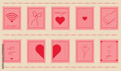 set of stamps with a love message, stamps in pink and red colors, flowers, bow, heart, love inscriptions on stamps