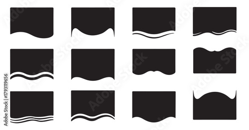 Creative set of isolated black vector shapes and banners with various abstract flowing and curved bottom borders