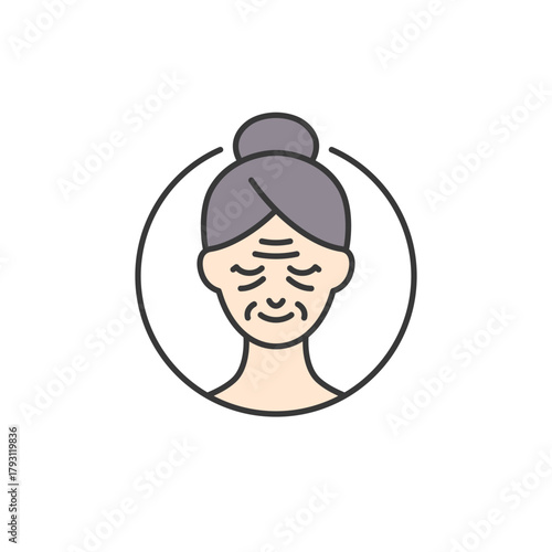 Wrinkled face icon for skincare logo use—ideal for anti-aging product visuals, mature skin care branding, or beauty campaigns. Highlights fine lines, elasticity loss, and renewal focus.