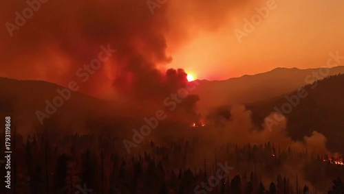 Wildfire raging through a forest at sunset.