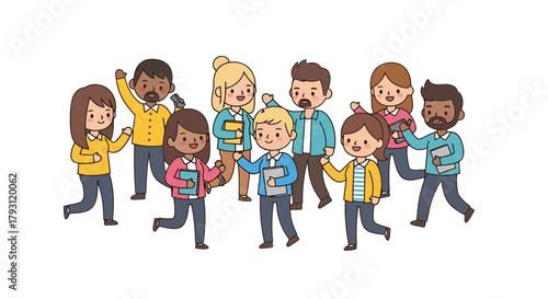 Diverse team of cheerful cartoon people walking together with positive energy