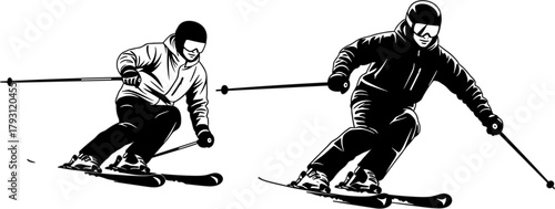 Two skiers gracefully gliding down a snowy slope, showcasing the thrill and skill of winter sports a dynamic display of athleticism