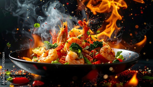 Fototapeta Naklejka Na Ścianę i Meble -  Shrimp, peppers, and broccoli in a bowl, engulfed in flames, with spice and herbs sprinkled