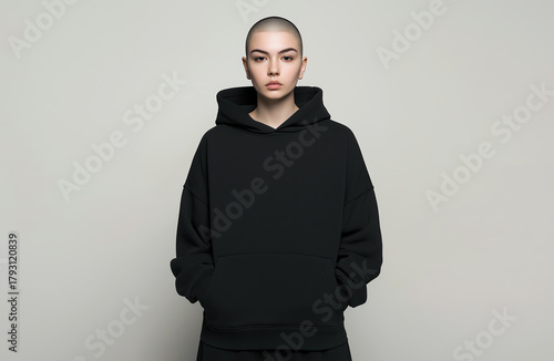 Sweat shirt hoodie mockup. Person standing, wearing hoodie. Blouse empty area for design. Fashion mockup, casual outfit, sweat shirt hoodie. Sweat shirt clear space for print design, mock up