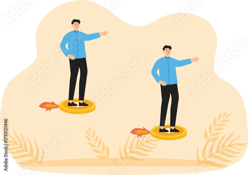 Concept of united business team flying astride money on the way to goals and success concept
