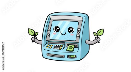 A whimsical ATM machine promoting sustainable banking practices with leafy imagery