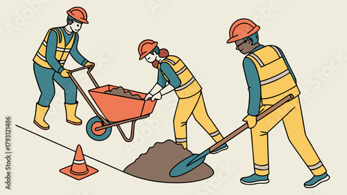 Construction supervisors inspecting workers handling cement, sand, and equipment during material delivery, isometric vector illustration.