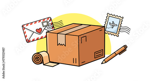 A whimsical depiction of shipping and communication elements conveying a sense of delivery