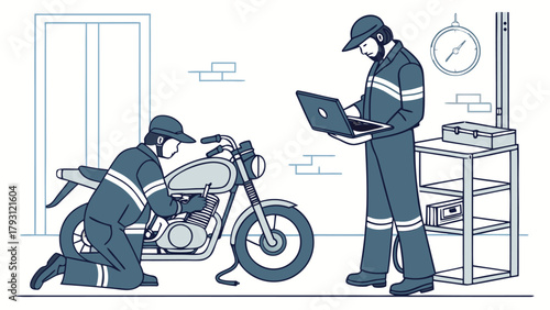 Motorcycle maintenance with digital diagnostics, two technicians using modern tools and laptop on a lifting platform, isometric isolated vector.