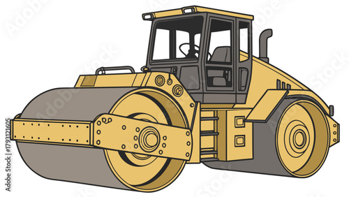 Double drum roller vibratory road construction equipment for paving, isometric isolated yellow cartoon illustration.