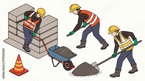 Construction supervisors inspecting material delivery while workers handle cement, sand, and equipment at the site, isometric illustration.