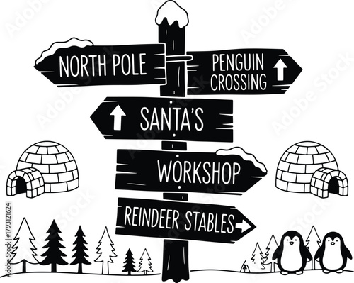 Festive Christmas Holiday Signpost at the North Pole Black and White