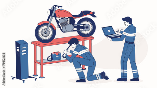 Two technicians performing motorcycle maintenance with digital diagnostics, using modern tools and a laptop on a lift, isometric isolated illustration.