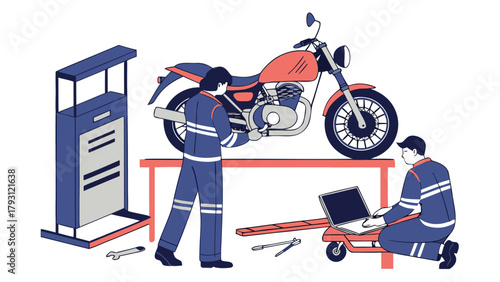 Motorcycle diagnostics and repair using modern tools and laptop, isometric isolated illustration with two technicians on a lift.