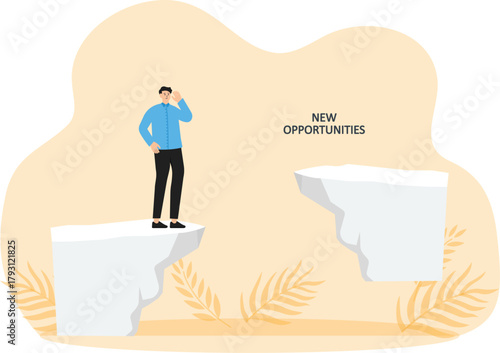 Business planning and looking for secret keys to new opportunities, following strategies for success analyzing ways and methods to achieve goals, Businessman looking from a cliff through binoculars at