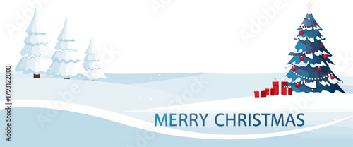 Merry christmas greeting card with decorated tree and gifts on snowy hills, winter landscape with falling snowflakes, festive season celebration background